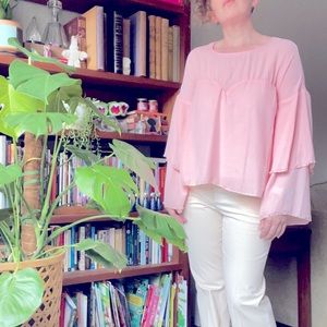 Blush pink sweetheart neckline sheer long sleeve top